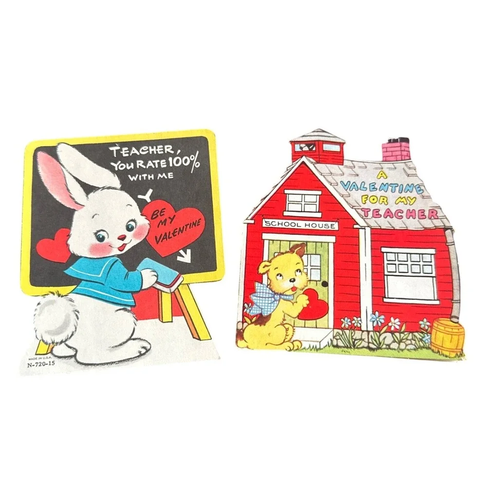 Vintage 1950s Teacher Valentine Cards Bunny School House Puppy‎ Lot of 2 1958